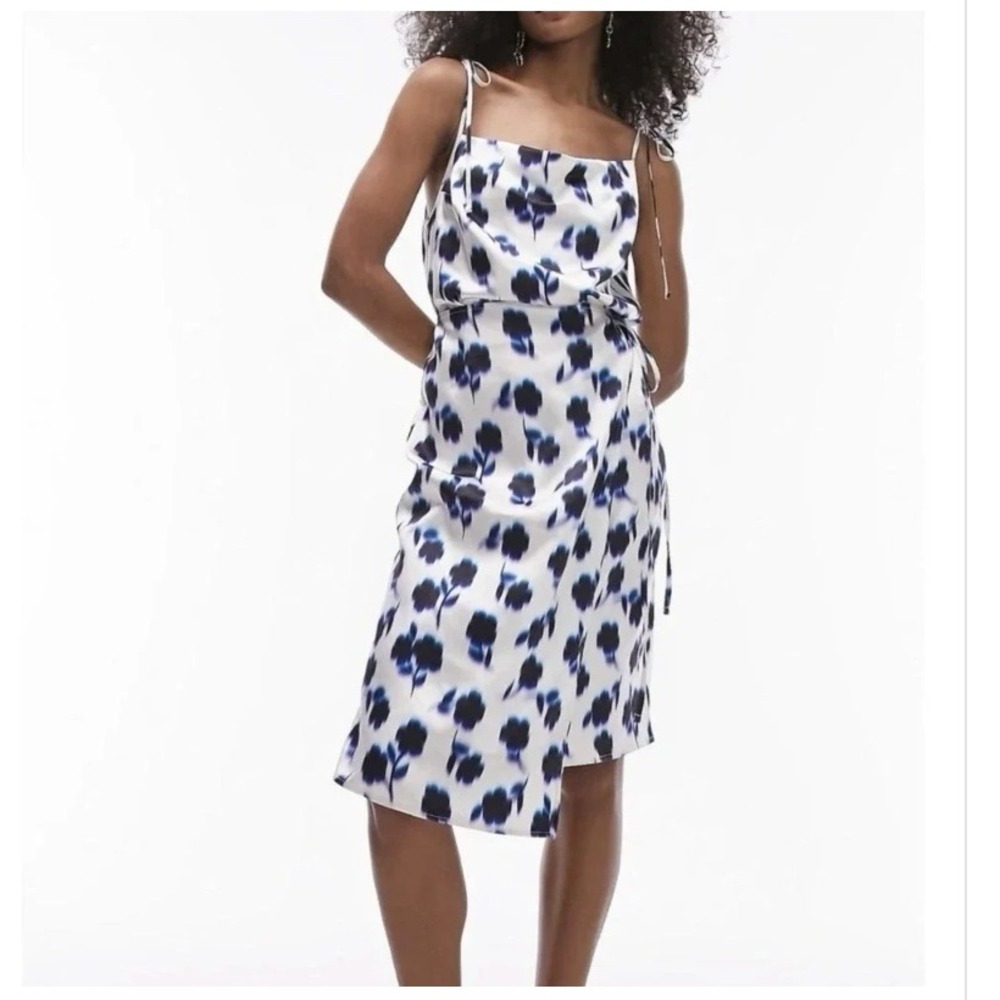 Topshop Blue Blurred Floral Satin Cowl Neck Midi Wrap Dress US 4 *like new*